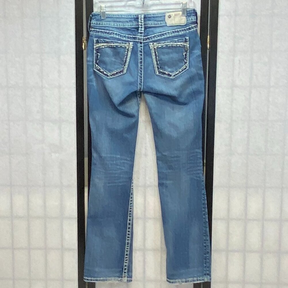 Silver Suki Faded Distressed Boot Cut Denim Jeans 27 Embroidered Jeweled - Picture 2 of 15